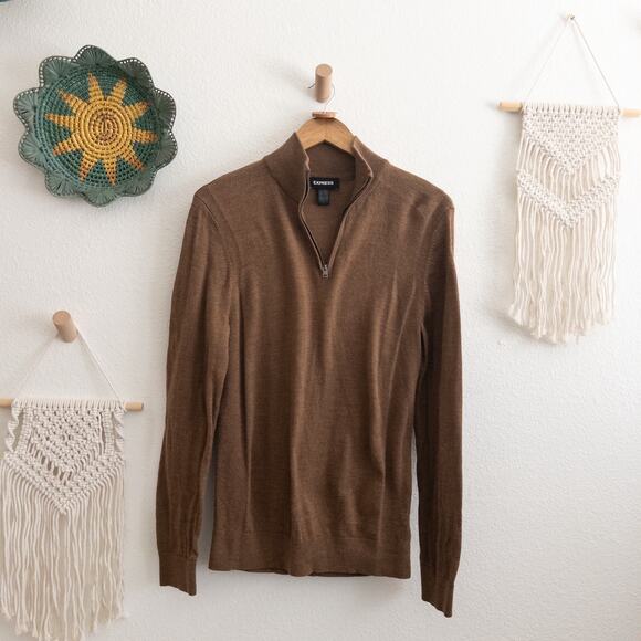 Express Merino Wool Zip Mock Neck Brown Pullover Sweater Size Medium - Picture 2 of 6